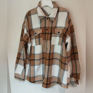 ​Automet Women's Oversized Plaid Flannel Shacket Brown Tan White Size  2xl